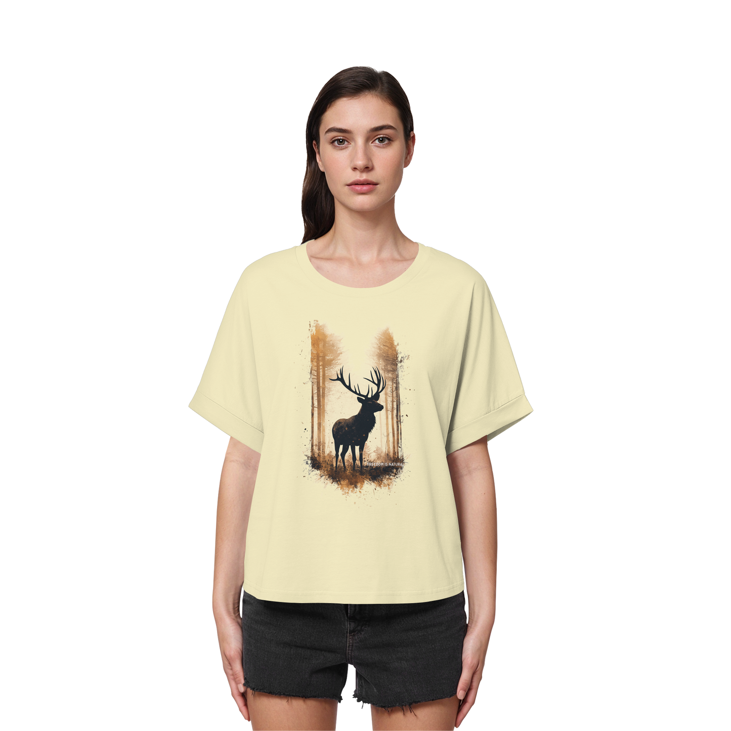 Hirsch Watercolor Style - Womens Organic Rolled Sleeves T-Shirt