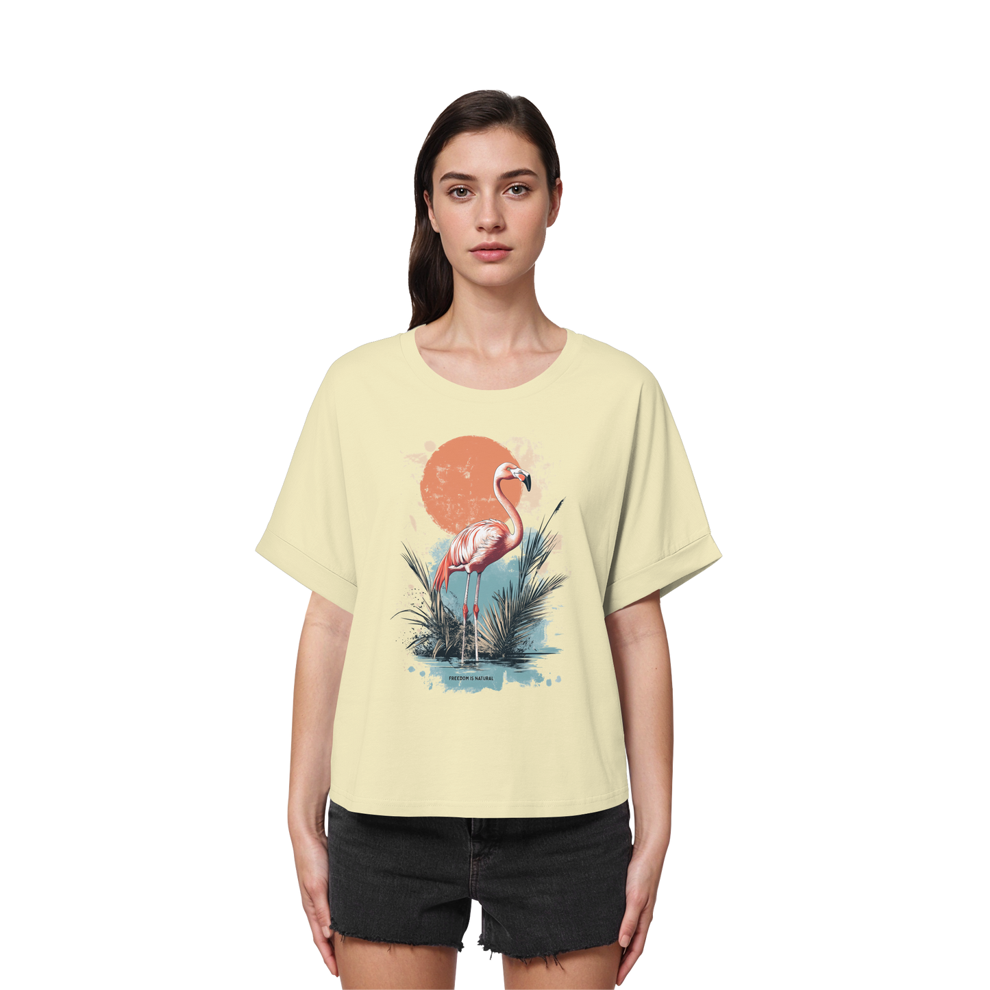 Flamingo Watercolor Style - Womens Organic Rolled Sleeves T-Shirt