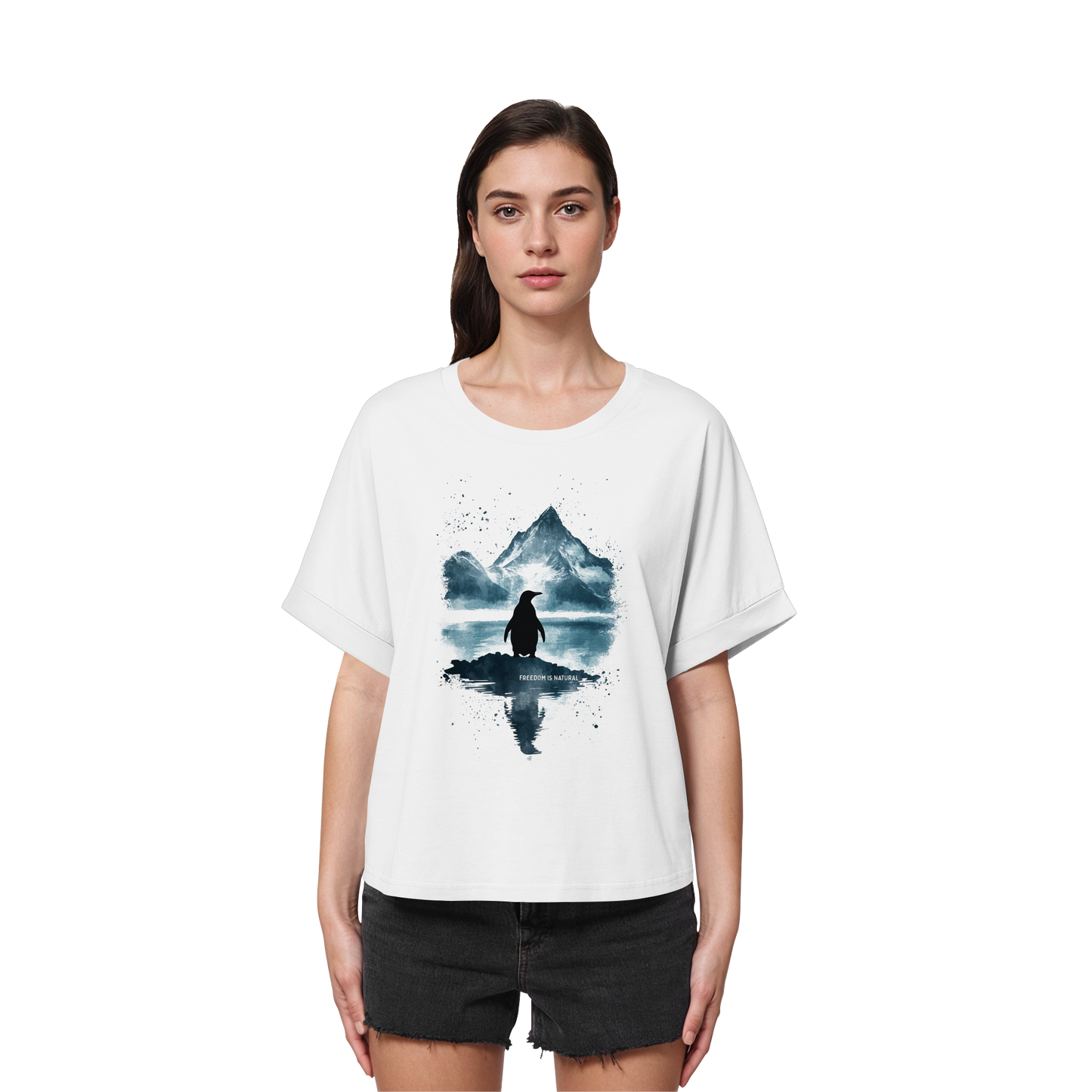 Pinguin Watercolor Style - Womens Organic Rolled Sleeves T-Shirt