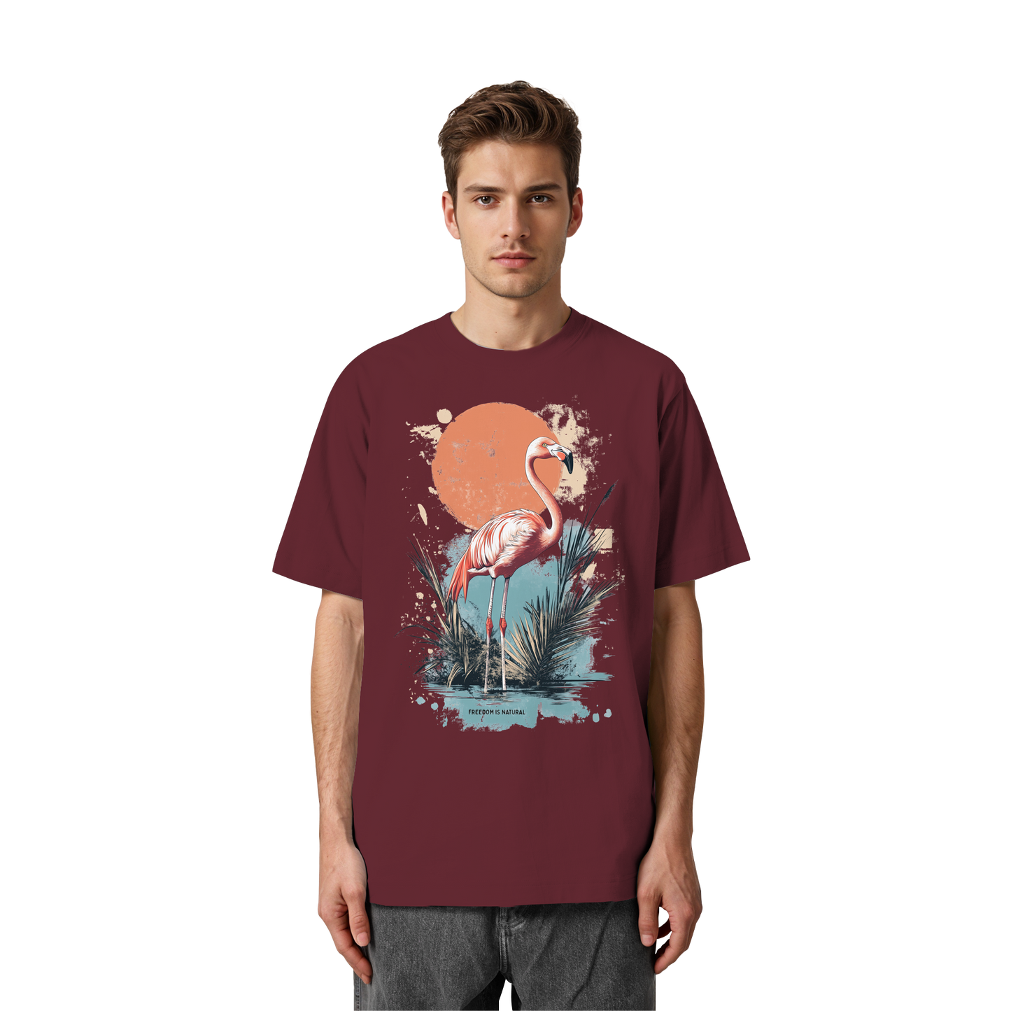 Flamingo Watercolor Style - Heavy Oversized Organic Shirt
