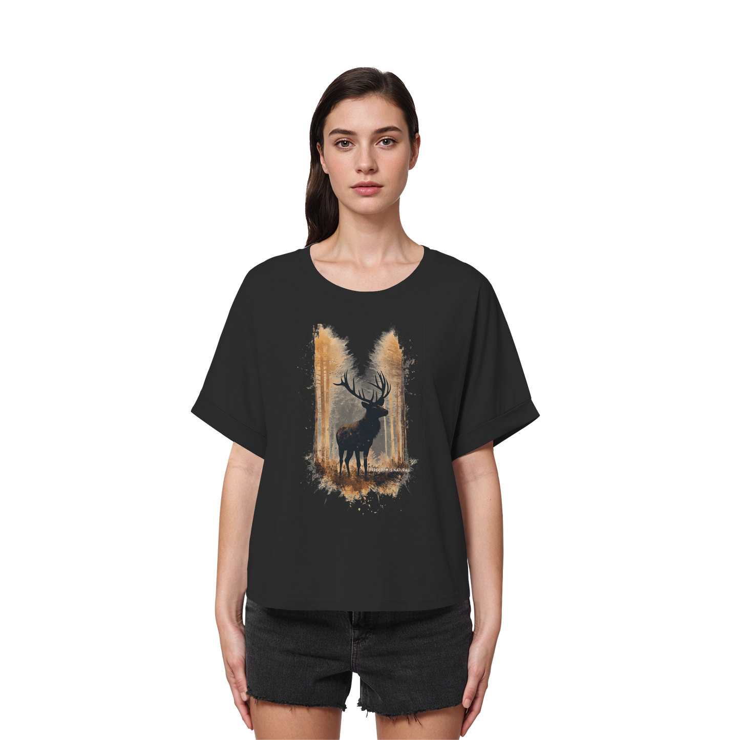 Hirsch Watercolor Style - Womens Organic Rolled Sleeves T-Shirt