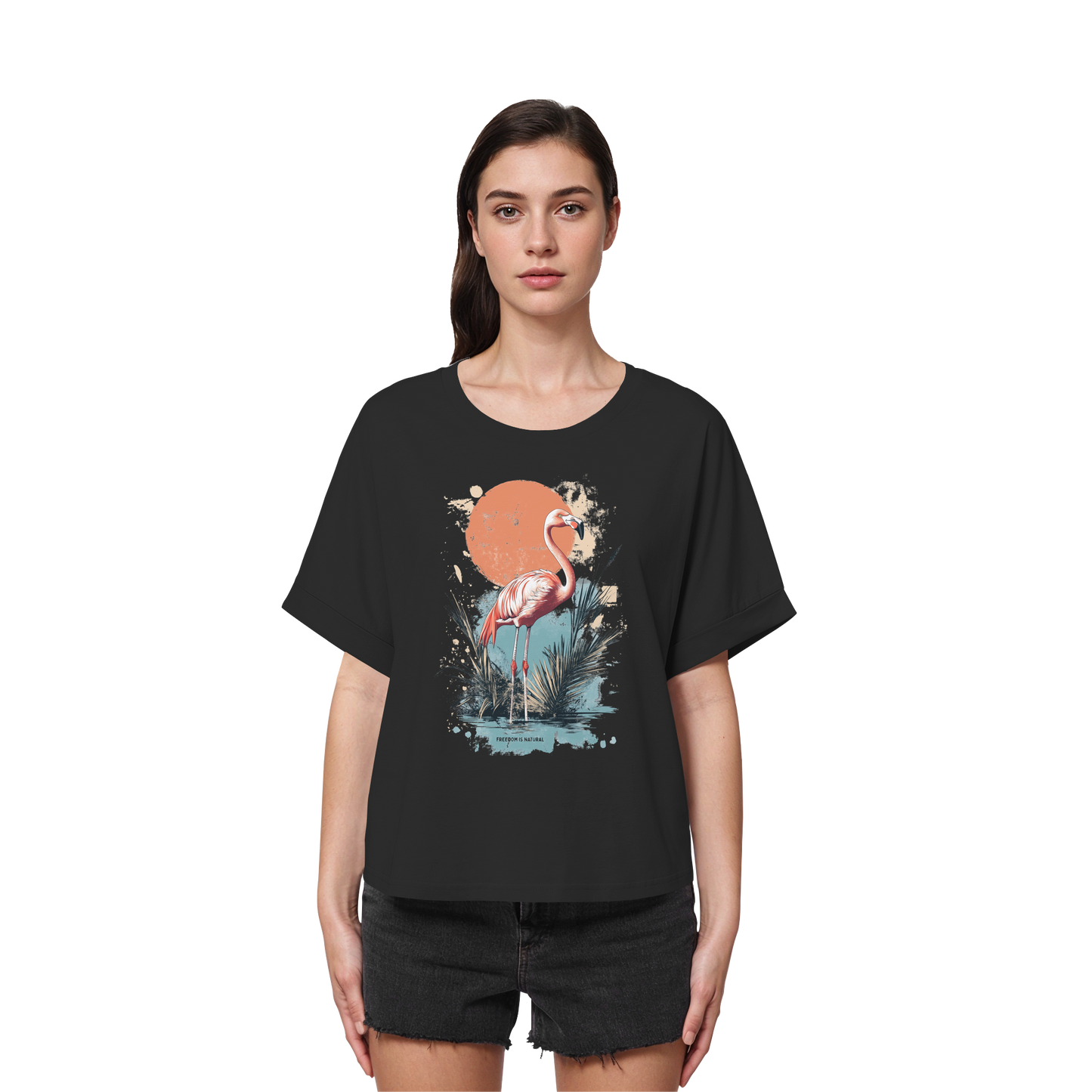 Flamingo Watercolor Style - Womens Organic Rolled Sleeves T-Shirt