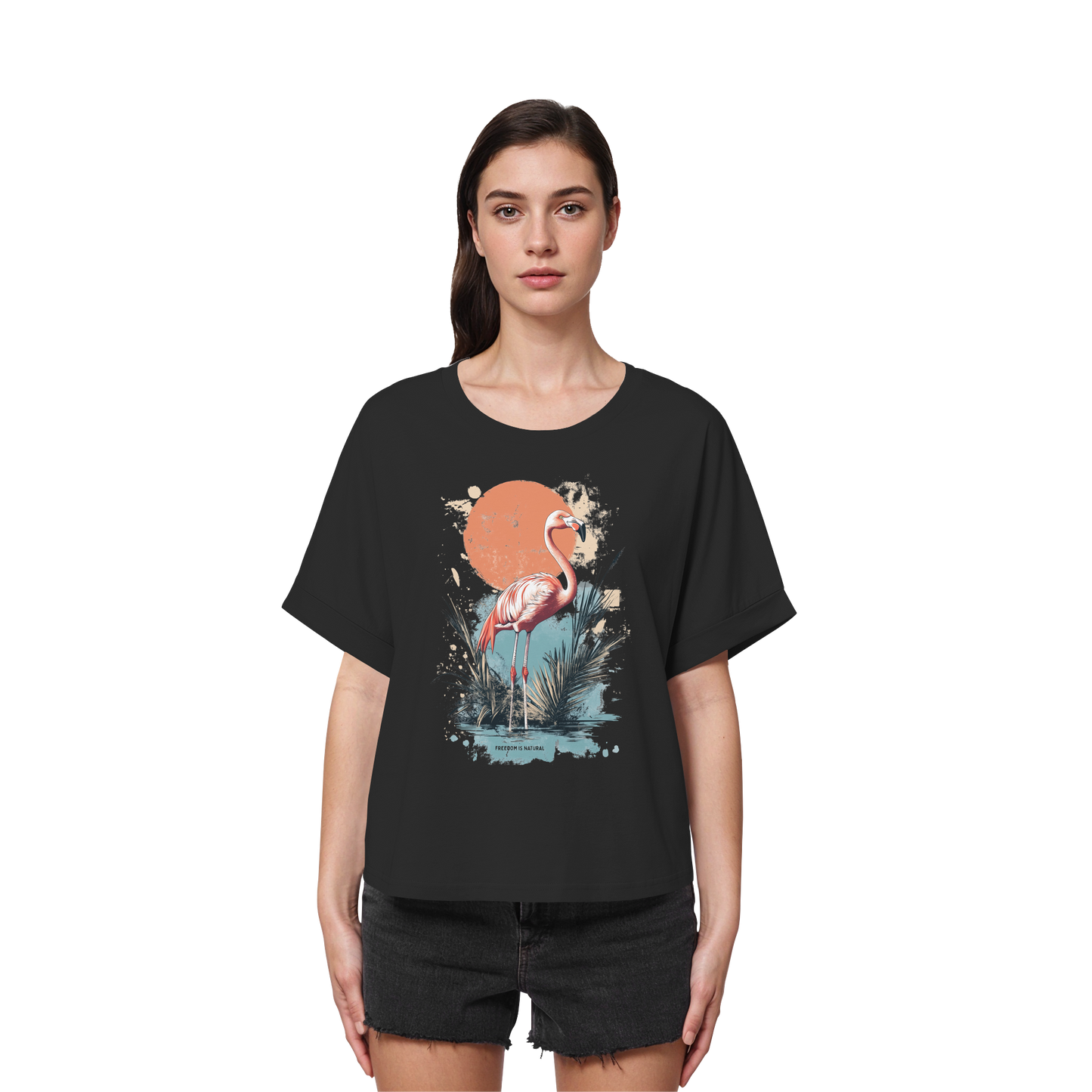 Flamingo Watercolor Style - Womens Organic Rolled Sleeves T-Shirt
