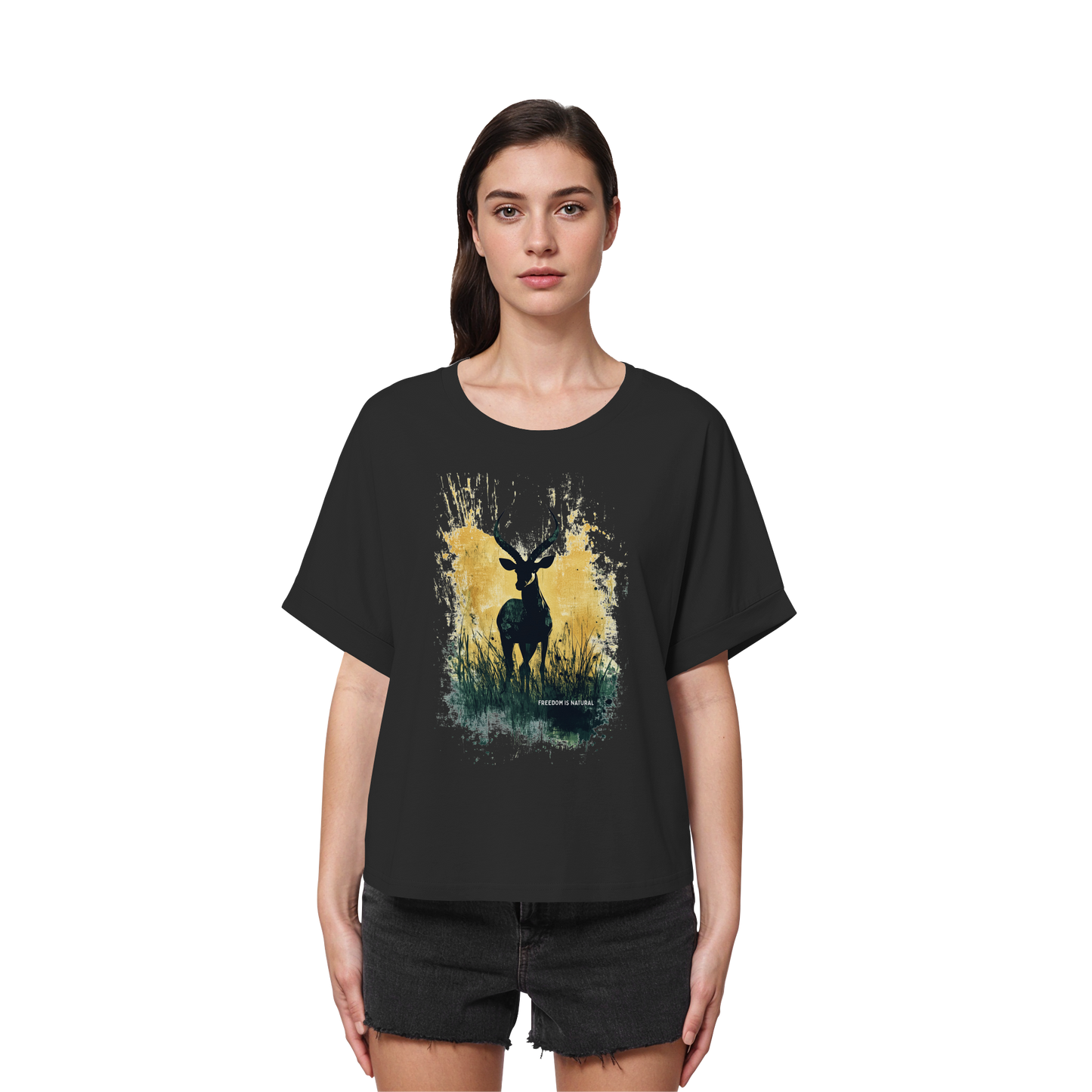Antilope Watercolor Style - Womens Organic Rolled Sleeves T-Shirt