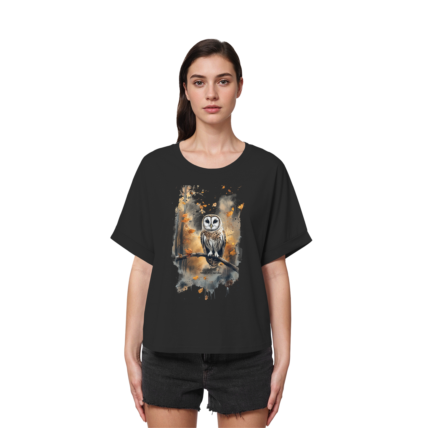 Eule Watercolor Style - Womens Organic Rolled Sleeves T-Shirt