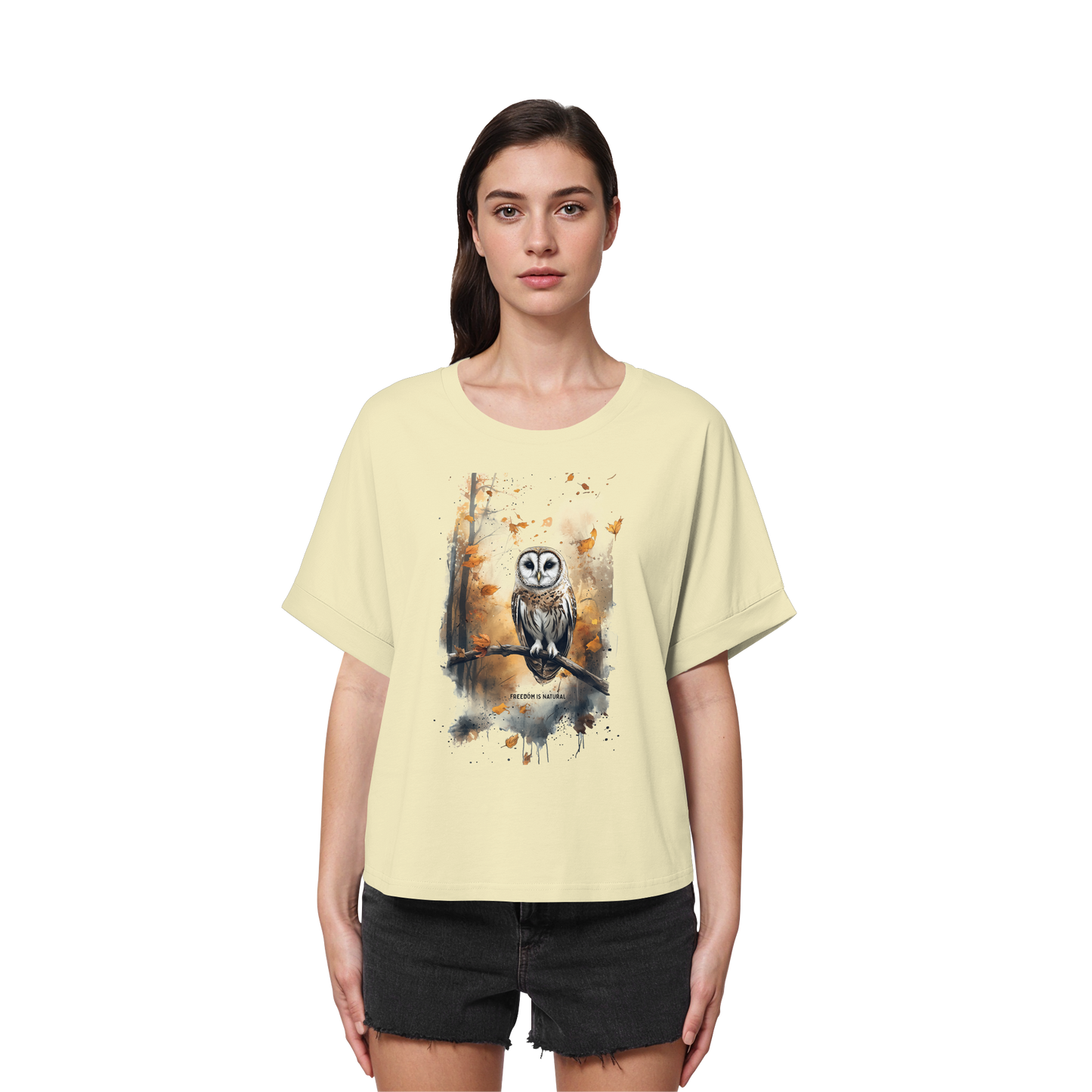 Eule Watercolor Style - Womens Organic Rolled Sleeves T-Shirt