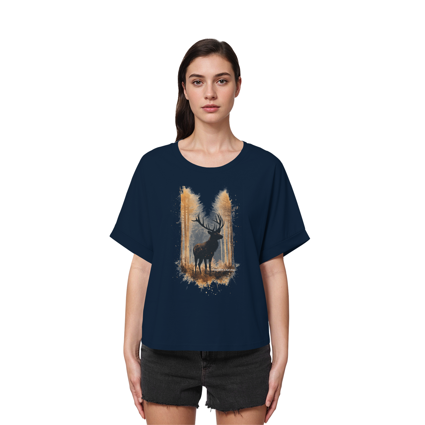 Hirsch Watercolor Style - Womens Organic Rolled Sleeves T-Shirt