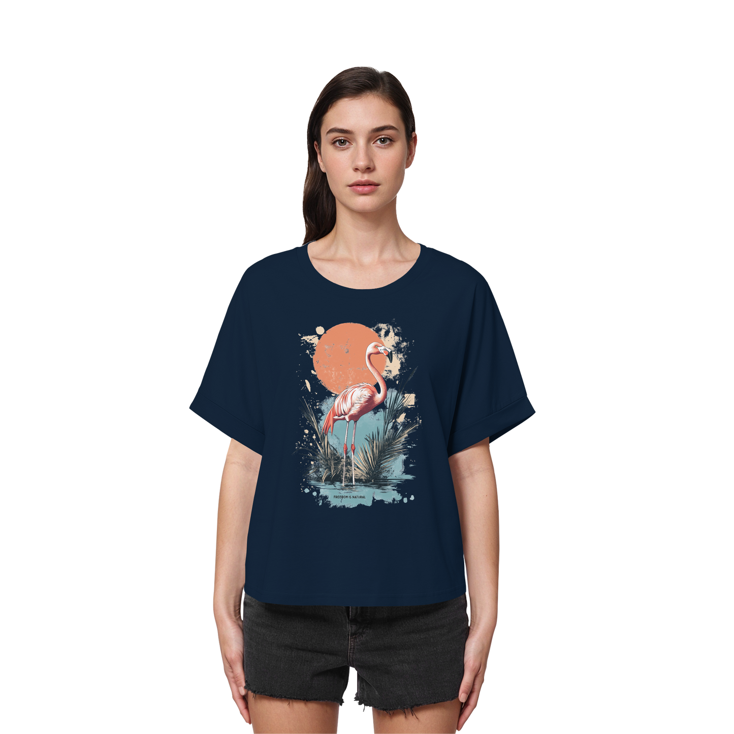Flamingo Watercolor Style - Womens Organic Rolled Sleeves T-Shirt