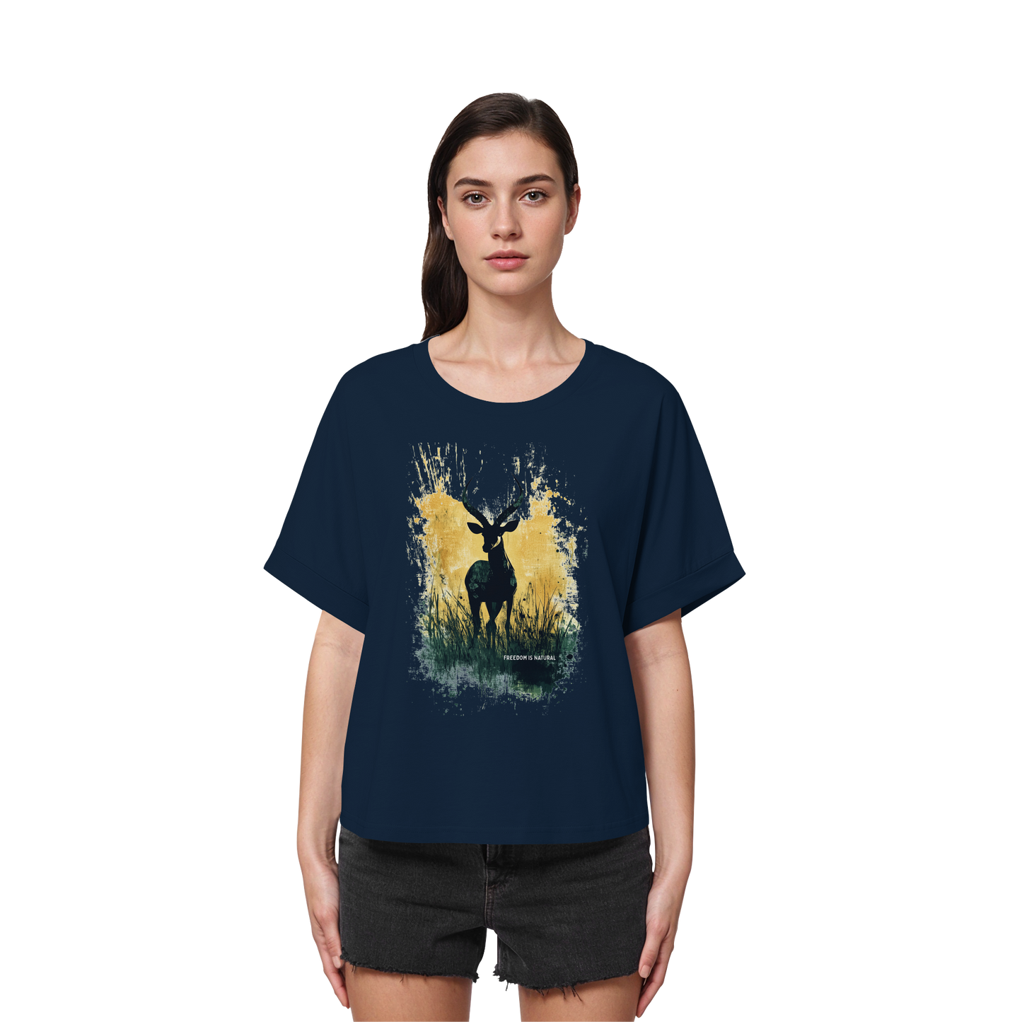 Antilope Watercolor Style - Womens Organic Rolled Sleeves T-Shirt