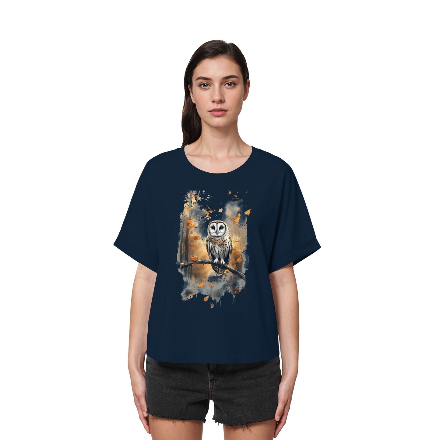 Eule Watercolor Style - Womens Organic Rolled Sleeves T-Shirt