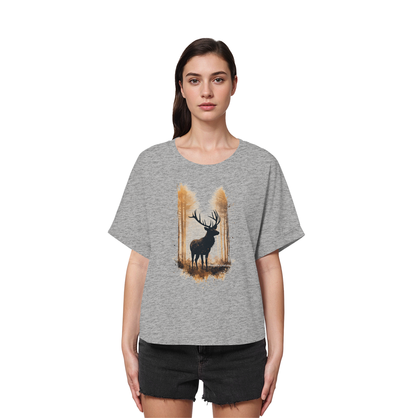 Hirsch Watercolor Style - Womens Organic Rolled Sleeves T-Shirt