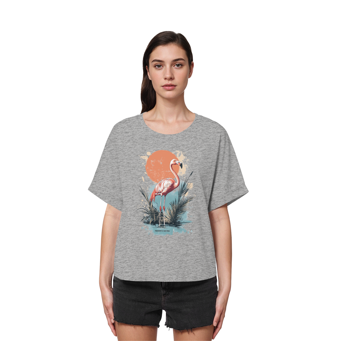 Flamingo Watercolor Style - Womens Organic Rolled Sleeves T-Shirt