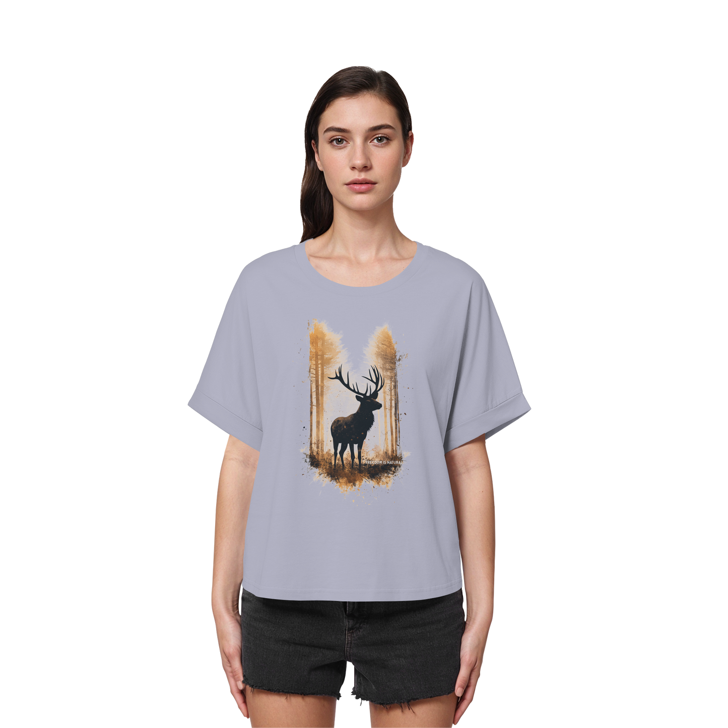 Hirsch Watercolor Style - Womens Organic Rolled Sleeves T-Shirt