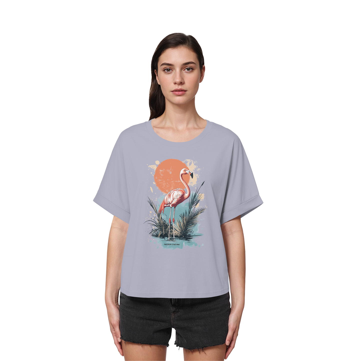 Flamingo Watercolor Style - Womens Organic Rolled Sleeves T-Shirt