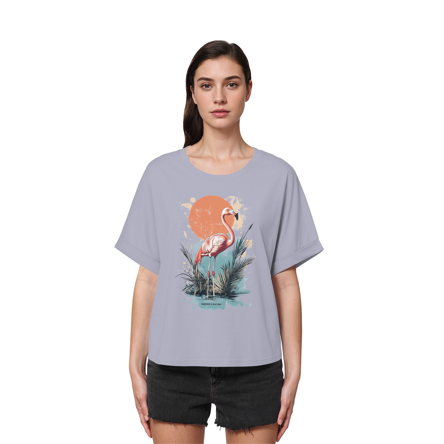 Flamingo Watercolor Style - Womens Organic Rolled Sleeves T-Shirt