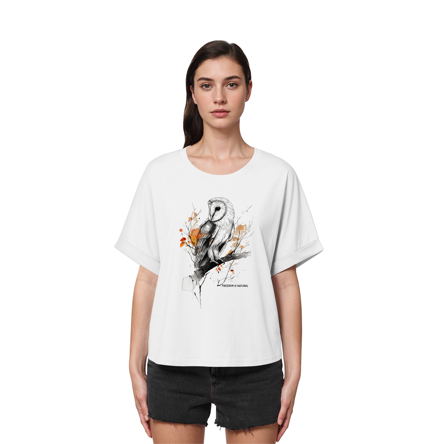 Eule Sketch Art Style - Womens Organic Rolled Sleeves T-Shirt