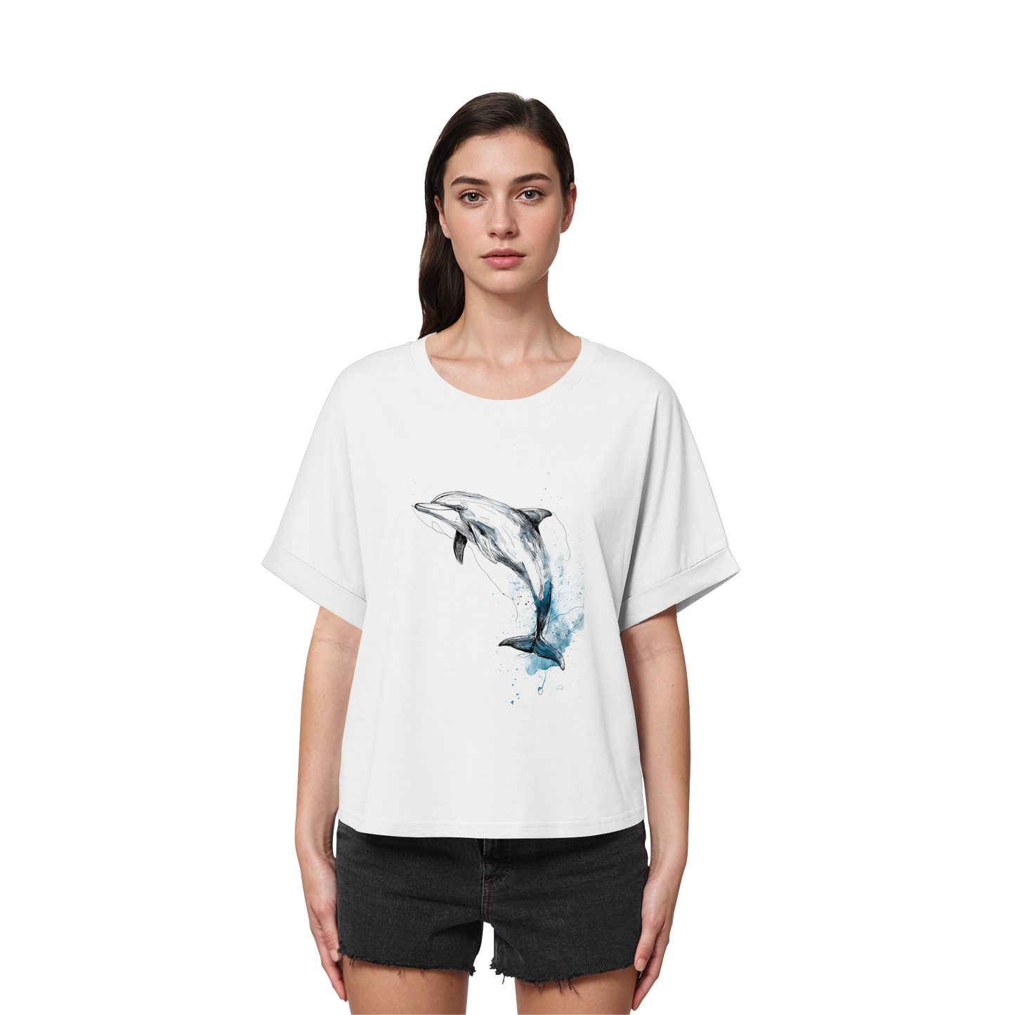 Delphin Watercolor Style - Womens Organic Rolled Sleeves T-Shirt