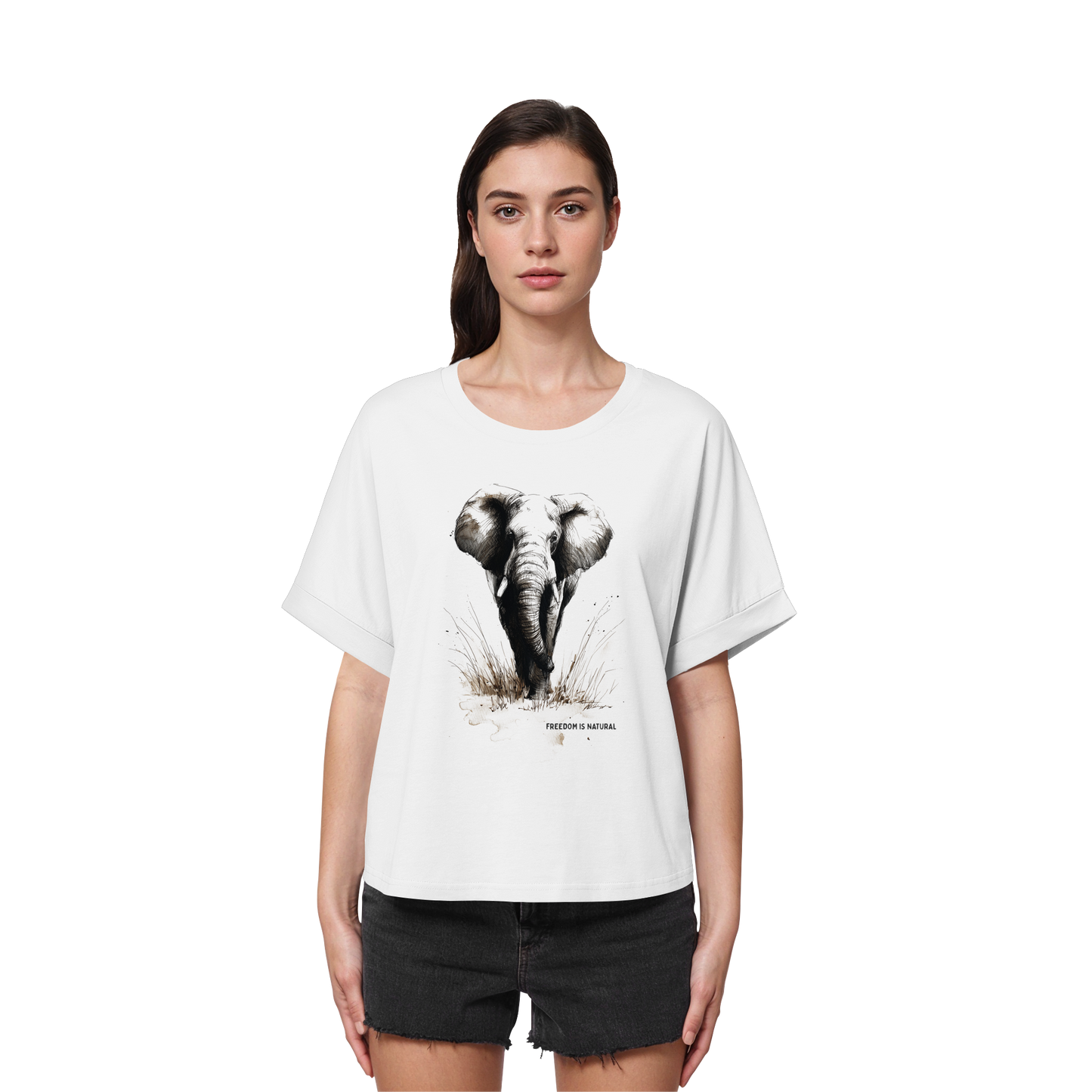 Elefant Sketch Art Style - Womens Organic Rolled Sleeves T-Shirt