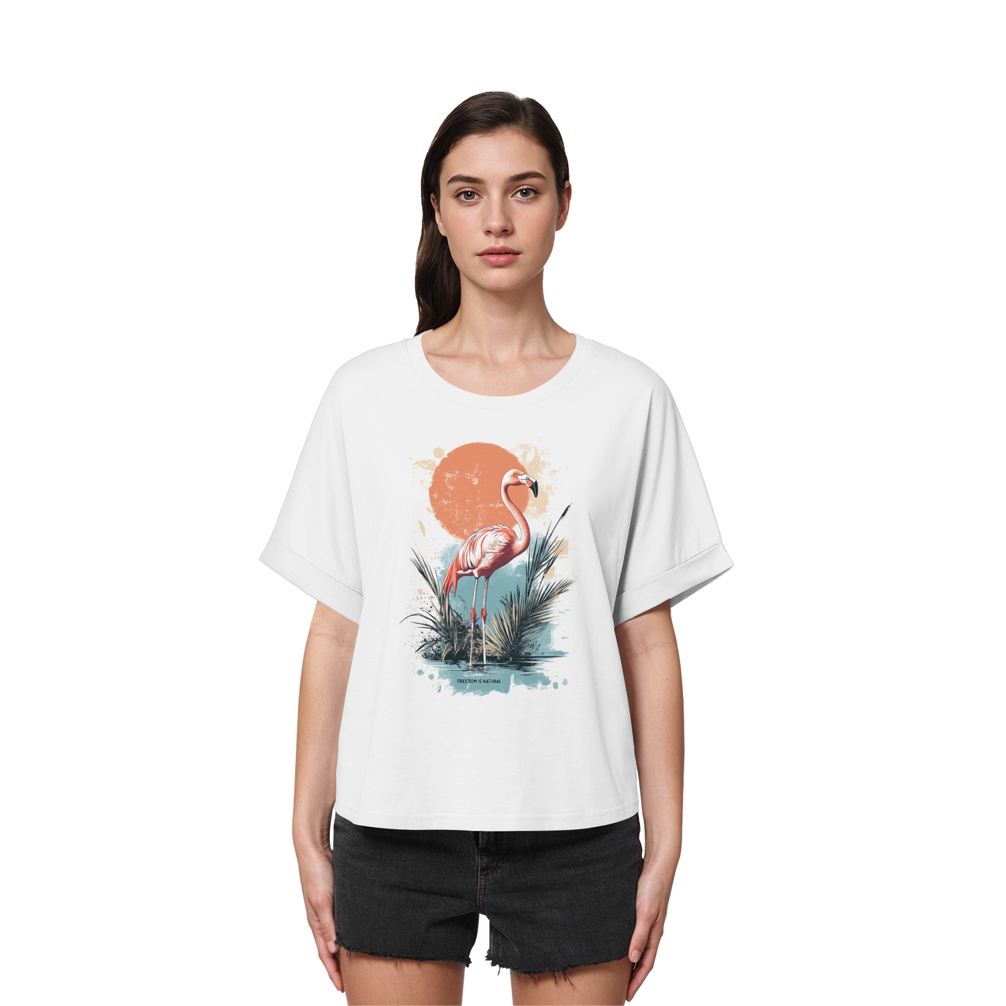 Flamingo Watercolor Style - Womens Organic Rolled Sleeves T-Shirt