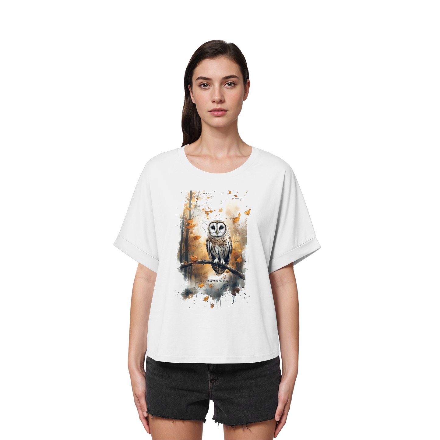 Eule Watercolor Style - Womens Organic Rolled Sleeves T-Shirt